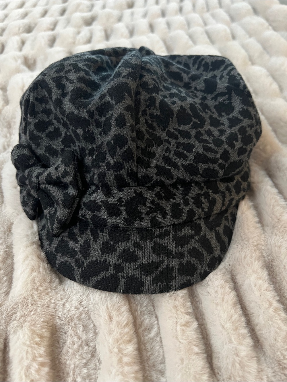 Gray and Black Leopard Print Newsboy Cap with Bow